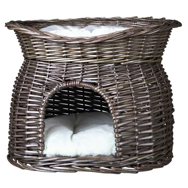 Weidenkorb für Katzen – mit Liegedach und Kissen, Grau