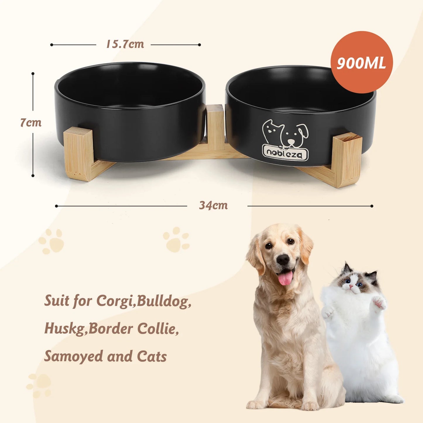 Nobleza Ceramic Dog and Cat Feeder 400ml – 2 Bowls with Non-Slip Bamboo Stand, Food and Water Dish, Ideal for Cats, Small Breeds and Puppies (Black)