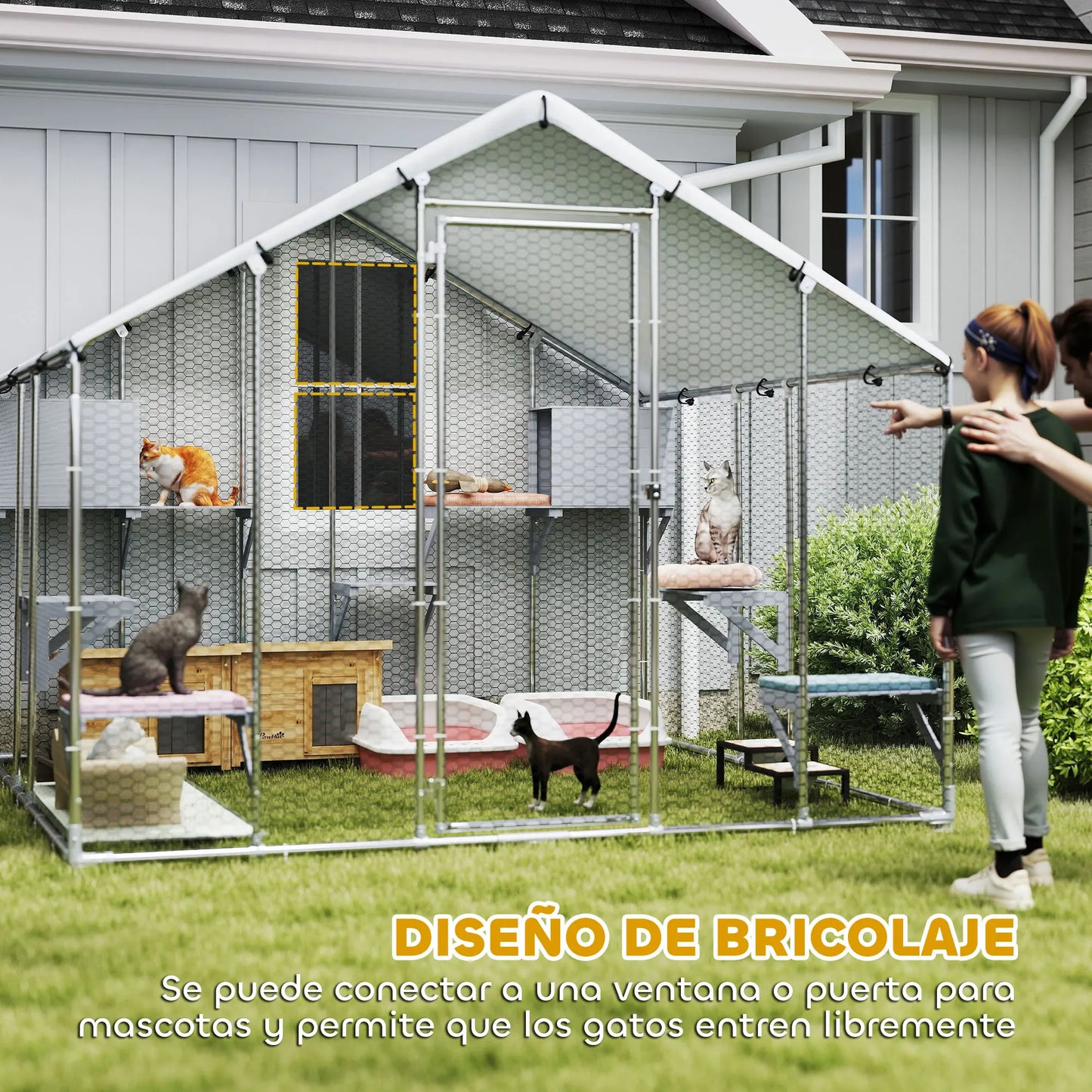 Pawhut Large Outdoor Cat Cage with 2 Houses and 7 Jumping Platforms Waterproof and Anti-Uv Cover 240X193X195 cm