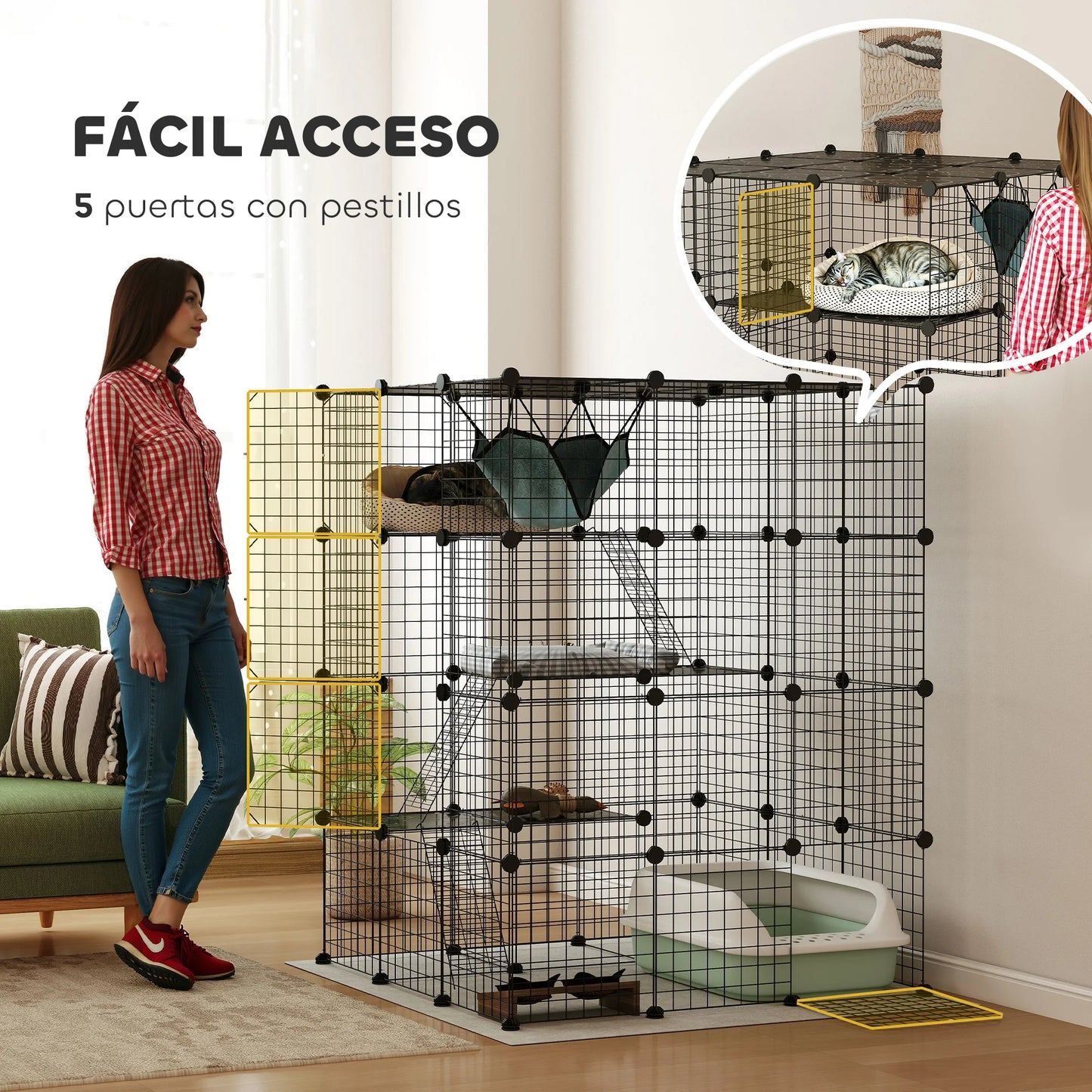 Pawhut Large Indoor Cat Cage with 4 Levels 105X105X140 Cm, Black