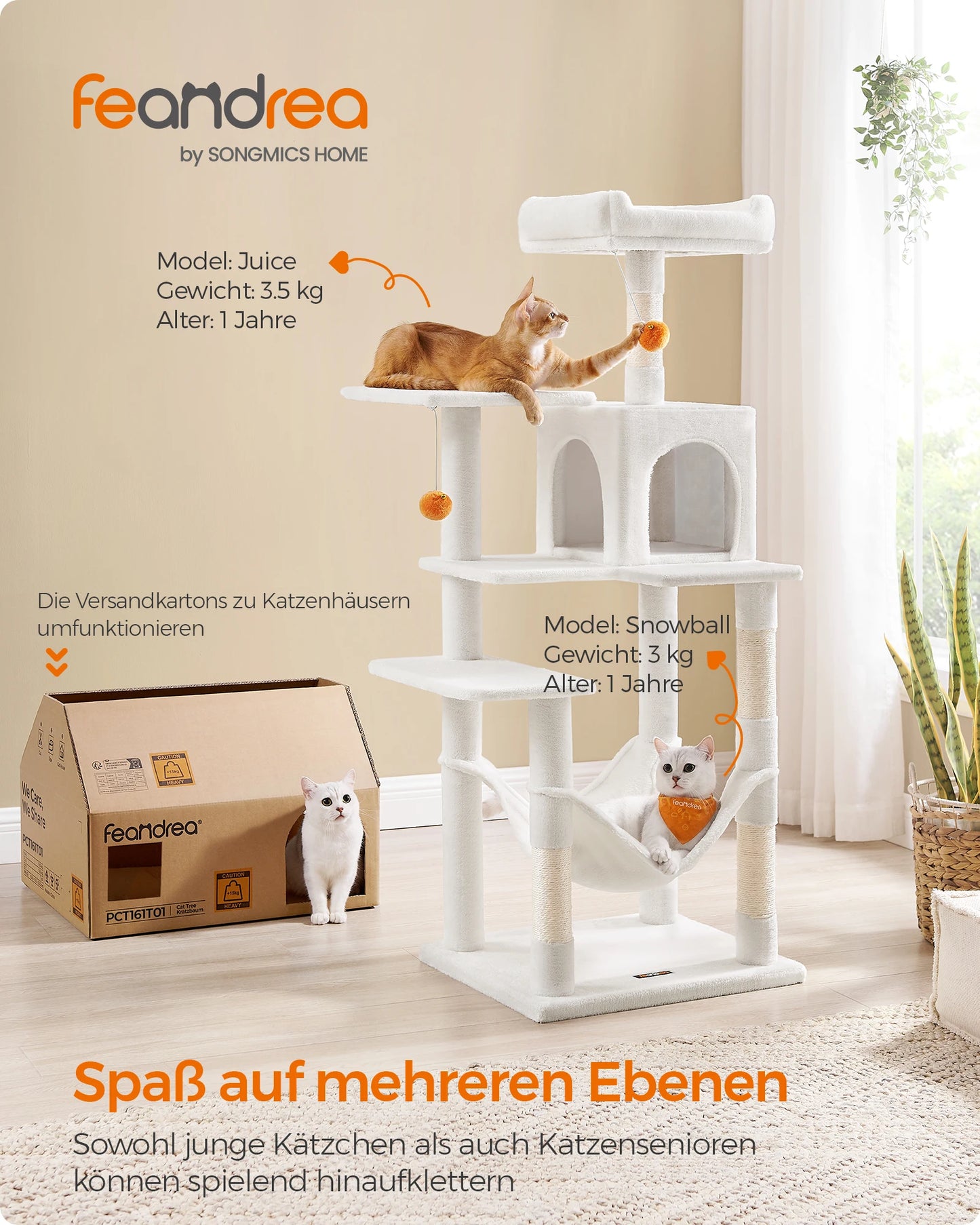 Feandrea scratching post, 143 cm high, cat tree, multi-storey cat house, with 4 scratching pillars, 2 platforms, hammock, Cave