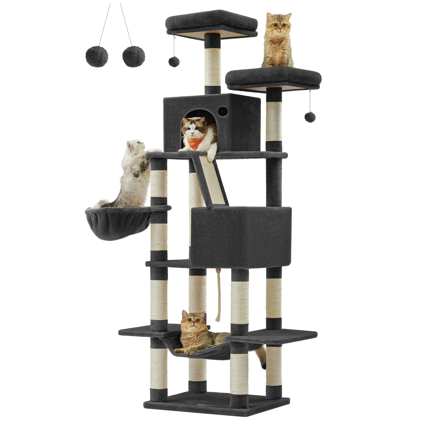 Feandrea scratching post Large, 206 cm High, XXL Cat Tree, with 13 Scratching Pillars, 2 Platforms, 2 Caves Basket hammock Plush balls