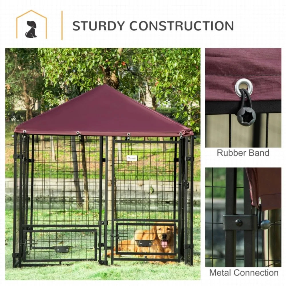 Outdoor Dog Kennel with Rotating Bowl Holders, Water and UV-Resistant Cover, for Medium, Small Dogs, Red