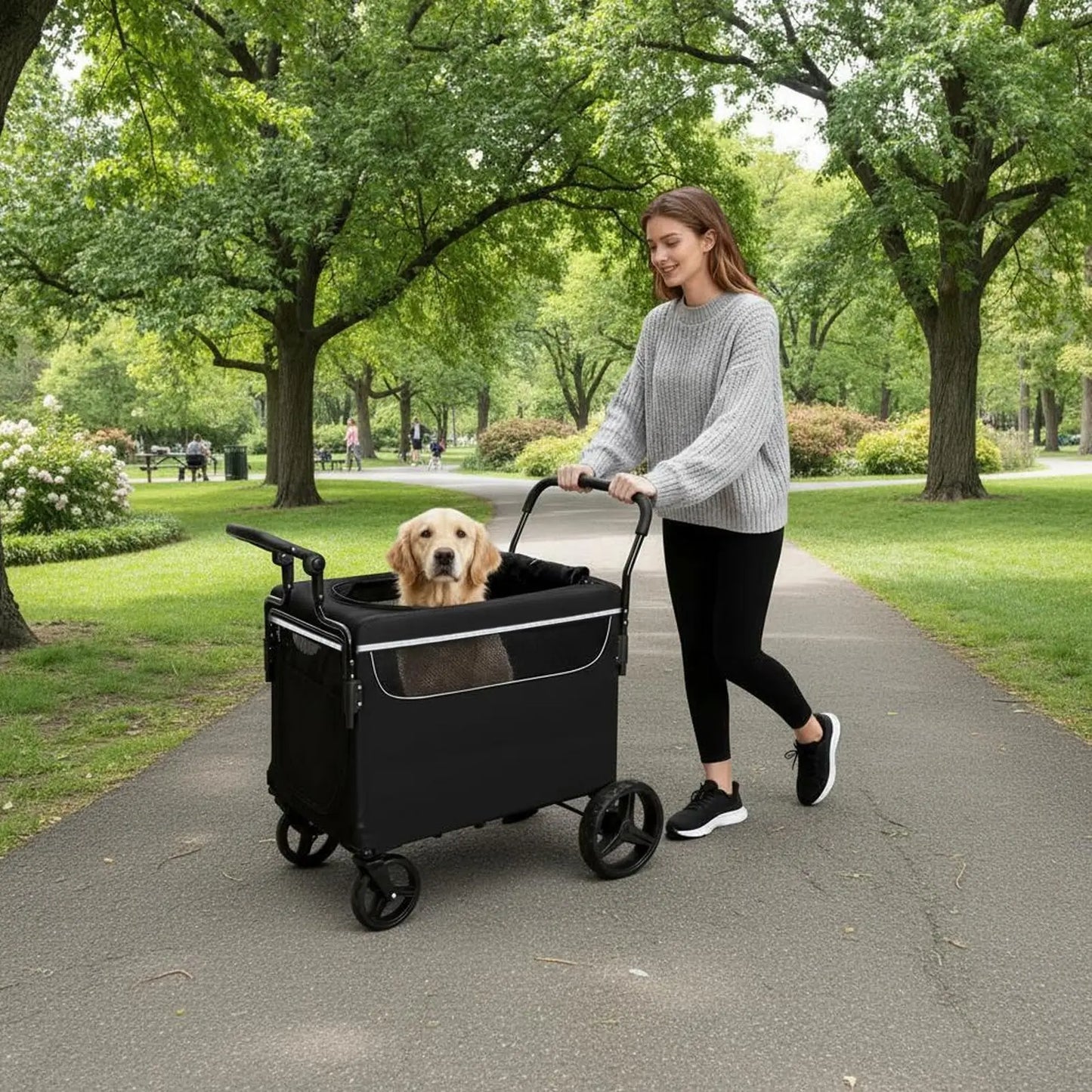 Heavy Duty Dog Pushchair Up To 50kg, Foldable Pet Stroller For Large Injured Senior Dogs, With 360° Wheels & Safety Lead