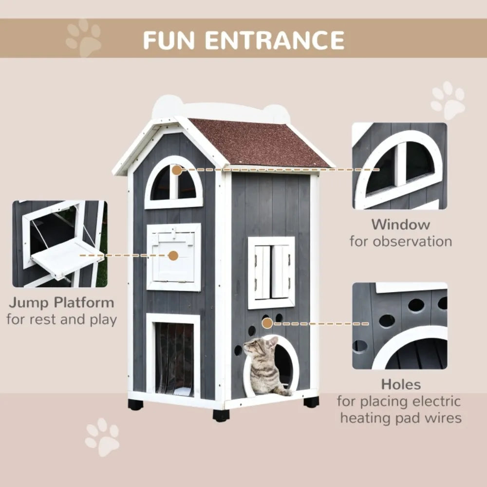Wooden Cat House, Weatherproof Pet Shelter, Outdoor Cat Condos Cave, 2 Floor Furniture, Grey and White