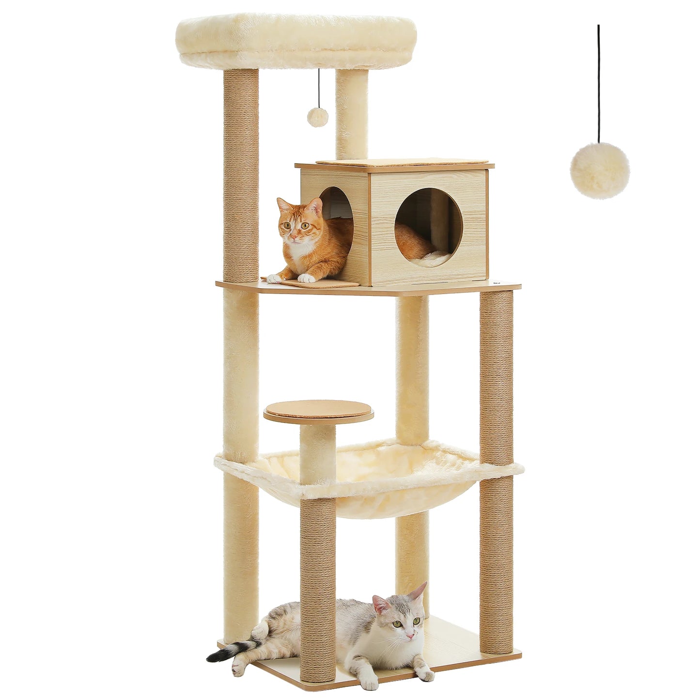 Wood Cat Tree with Spacious Condo Cozy Hammock Sisal Scratching Posts Multi-Level Tall Cat Tower for Indoor Large Cat Furniture