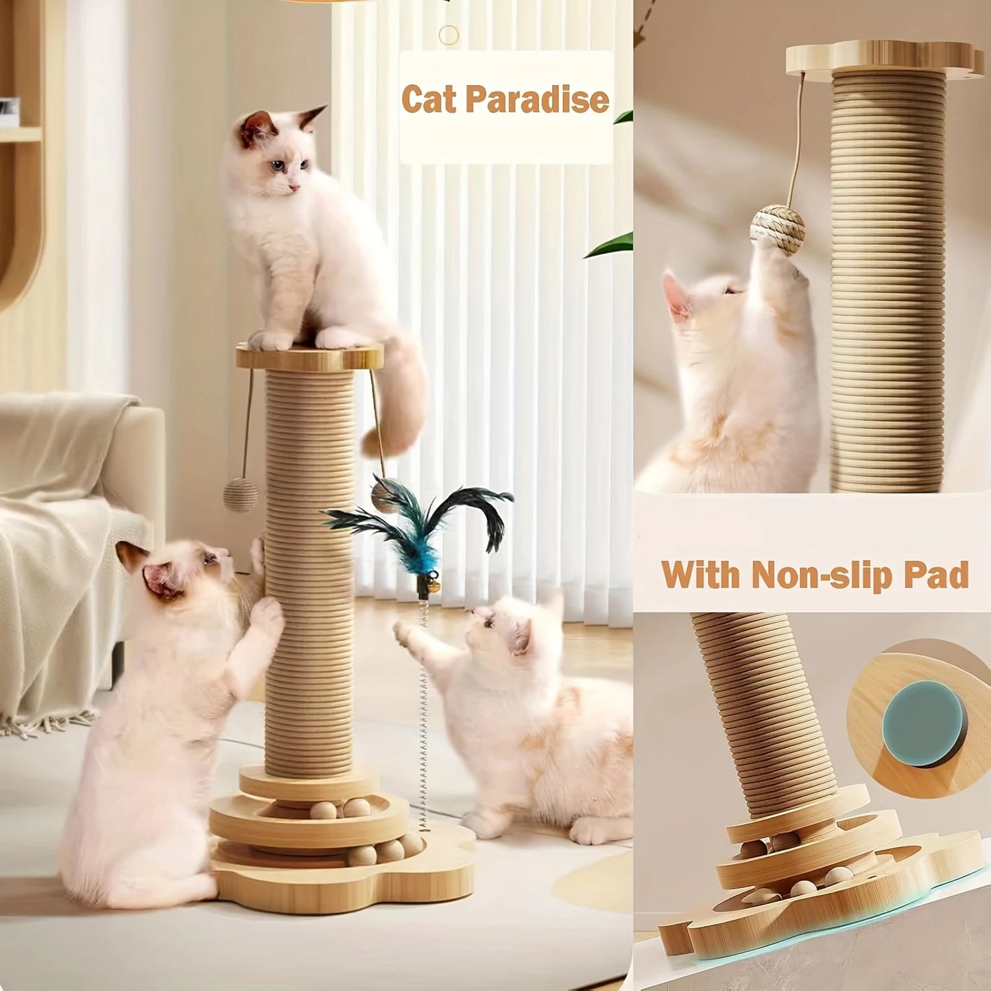 Cat Scratching Post, 4-in-1 Wooden Cat Scratching Toy, 46cm Tall Scratching Post with Horizontal Cat Tracking Ball and 2 Ball