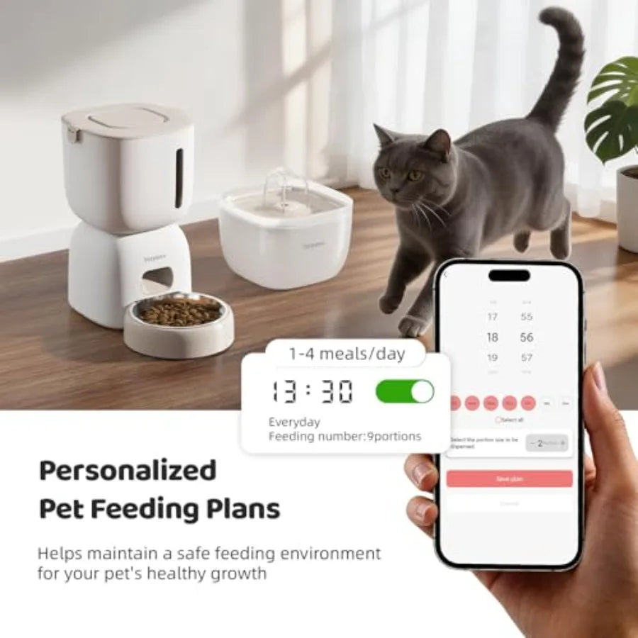 WiFi Automatic Cat Feeder and Water Fountain Set for Home Use 304 Stainless Steel Bowl Silver App Control + Voice Recording + S
