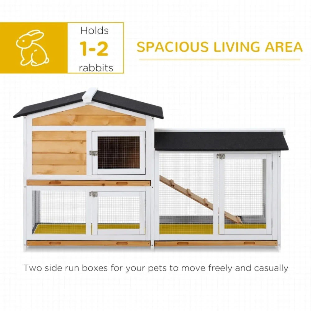 Rabbit Hutch Guinea Pig Hutch Wooden House with Run,2 Tier Pet Cage Outdoor with No-leak Plastic Trays,Yellow
