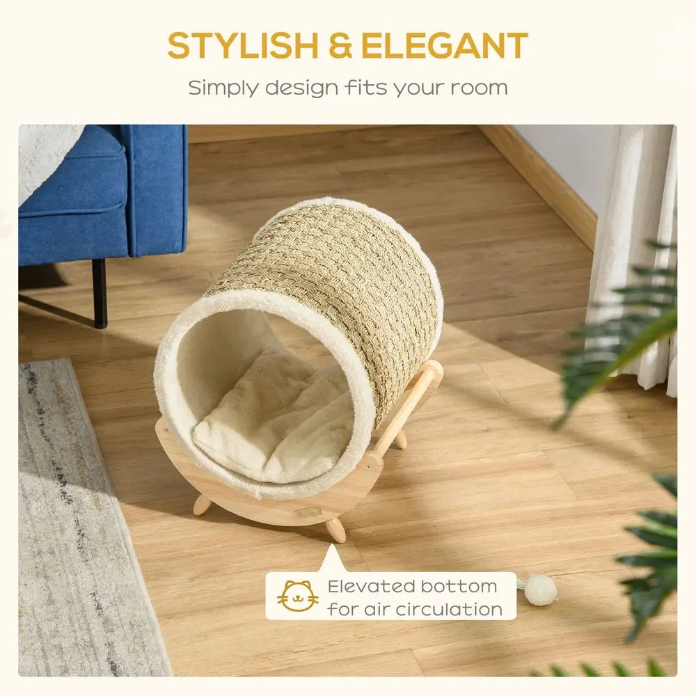Raised Cat House Kitten Bed Pet Shelter Wrapped with Scratcher Soft Cushion, 41 x 38 x 43 cm, Beige