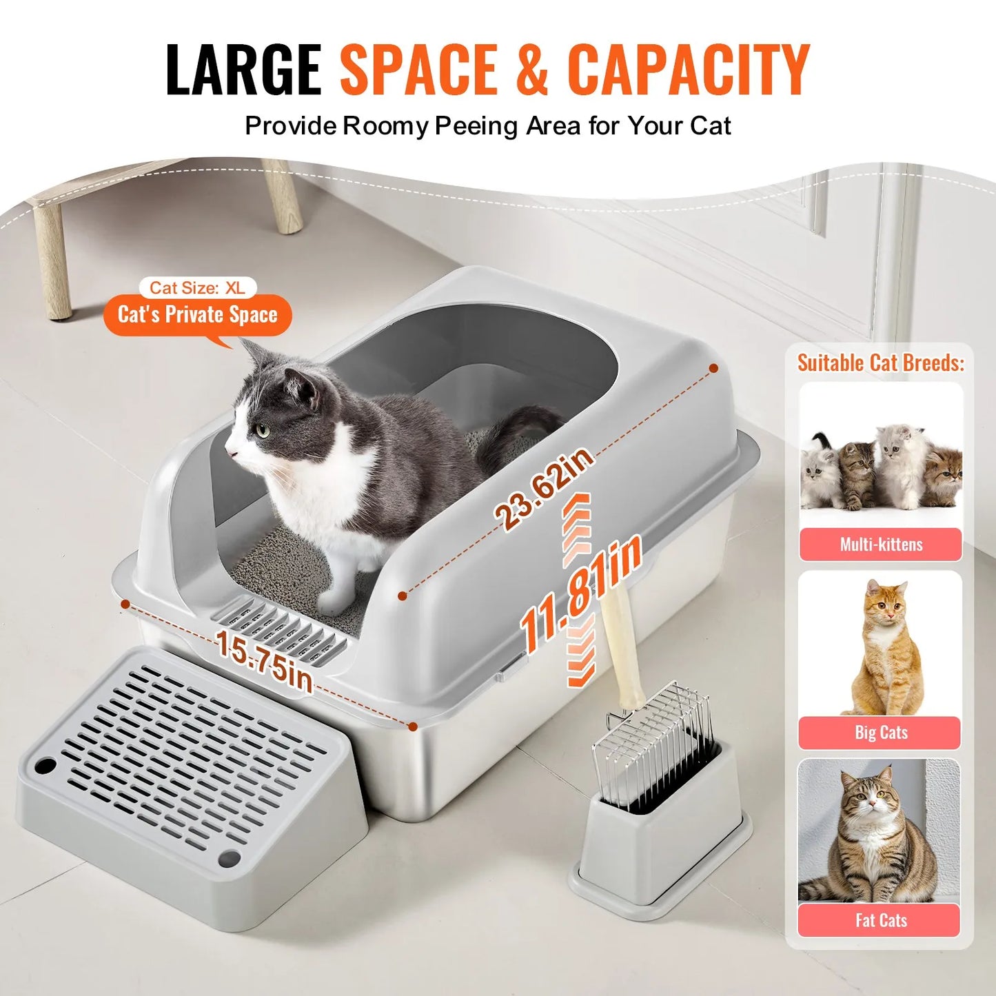 VEVOR 6 in Deep Cat Litter Box Odor-Free Litter Box with Filtering Foot Board