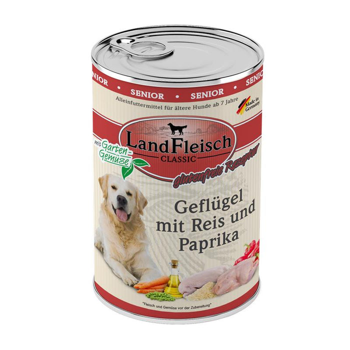 Hundenassfutter Dog Classic Senior Geflügel mit Reis, Paprika & Gartengemüse 400g, 6er Pack – Landfleisch