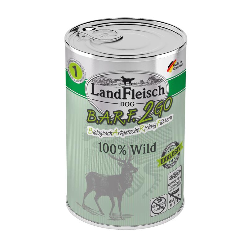 Hundenassfutter B.A.R.F.2GO Exklusiv 100% vom Wild 400g, 6er Pack – Landfleisch