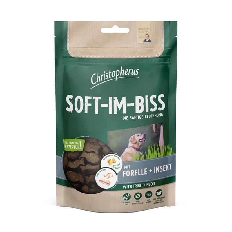 Hundeleckerli Soft-Im-Biss mit Forelle & Insekt 125g, 12er Pack – Christopherus Hund