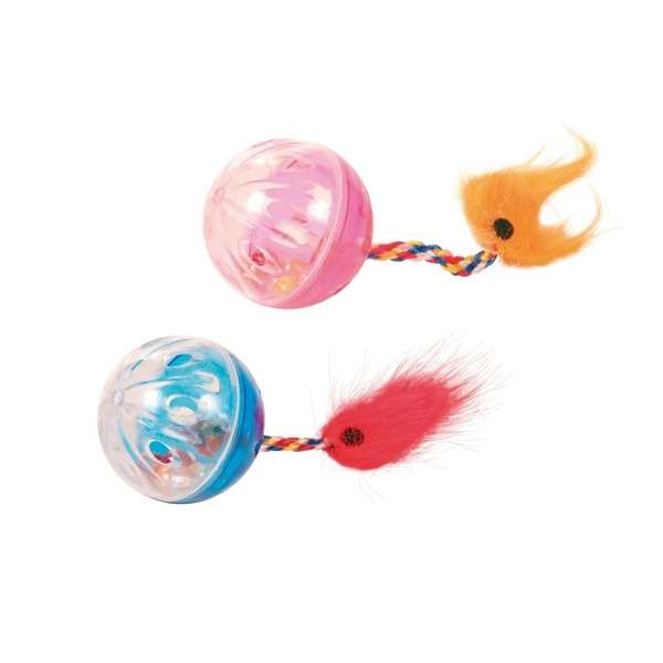 Rasselbälle für Katzen – 2 mit Spielschwanz, 4 cm