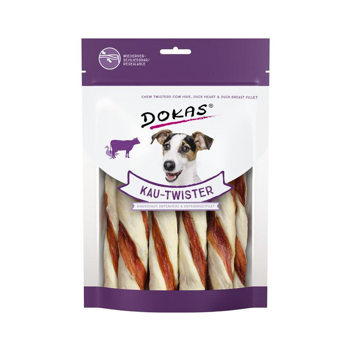 Hundeleckerli Dog Kau Twister Rinderhaut, Entenherz & Entenbrust 200 g – Dokas