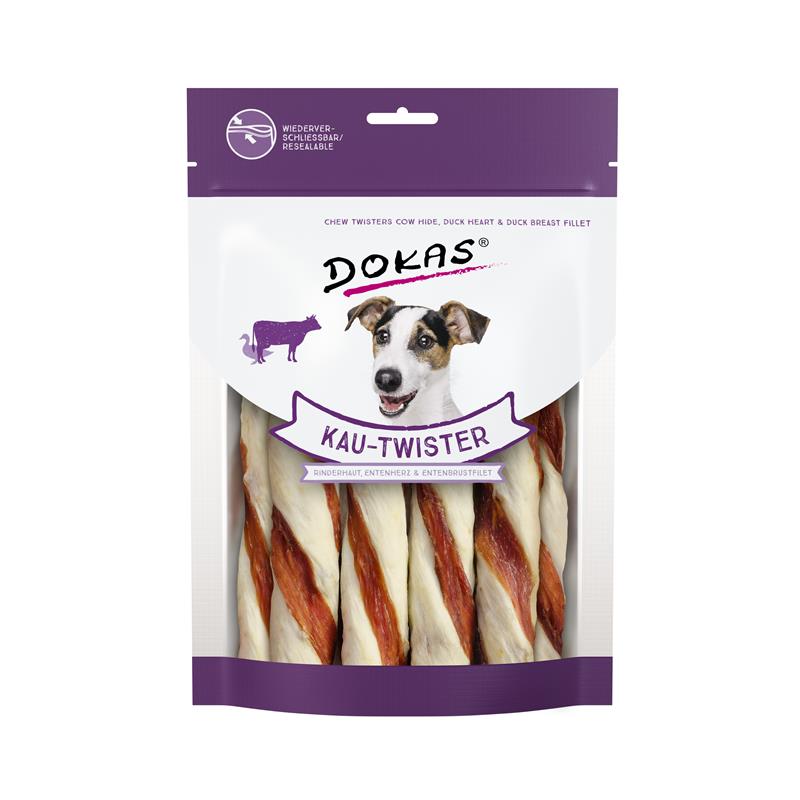 Hundeleckerli Dog Kau Twister Rinderhaut, Entenherz & Entenbrust 200 g – Dokas