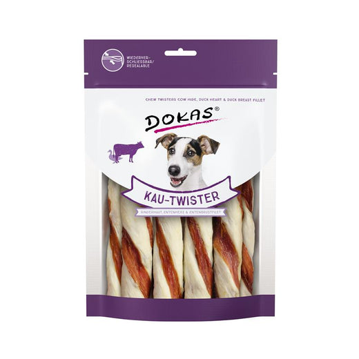 Hundeleckerli Dog Kau Twister Rinderhaut, Entenherz & Entenbrust 200 g – Dokas