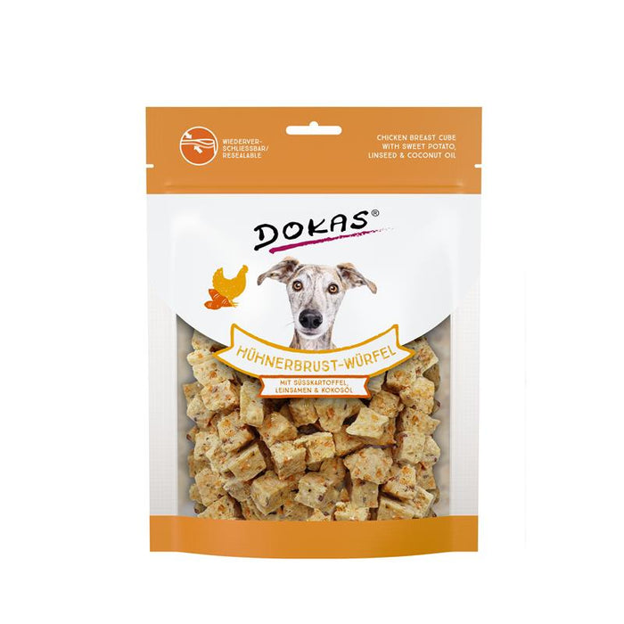 Hundeleckerli Dog Hühnerbrust-Würfel mit Süsskartoffel, Leinsamen 150g – Dokas
