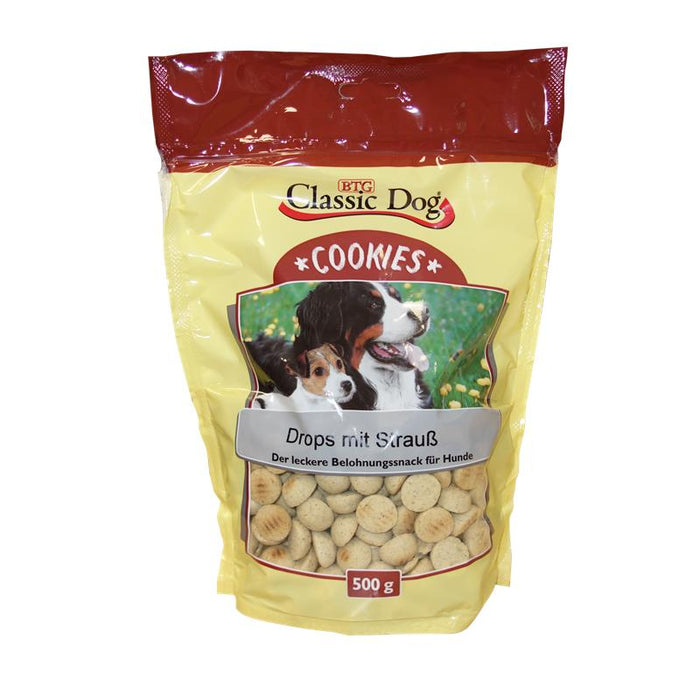 Hundekekse Cookies Drops mit Strauß 500g – Classic Dog