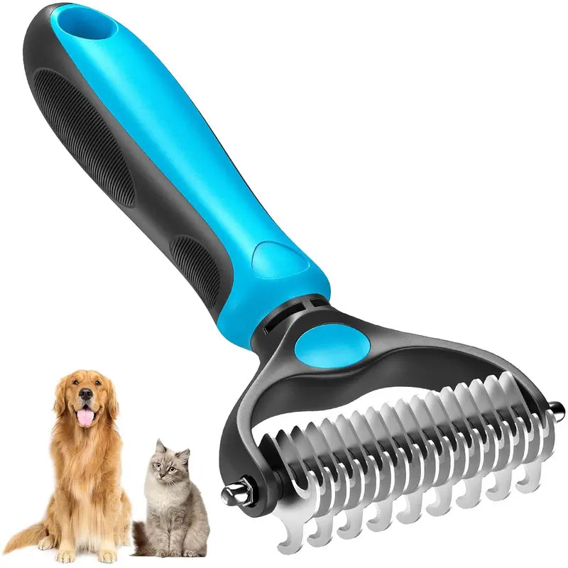Pet Grooming Brush – Double-Sided Deshedding & Dematting Undercoat Rake for Dogs & Cats