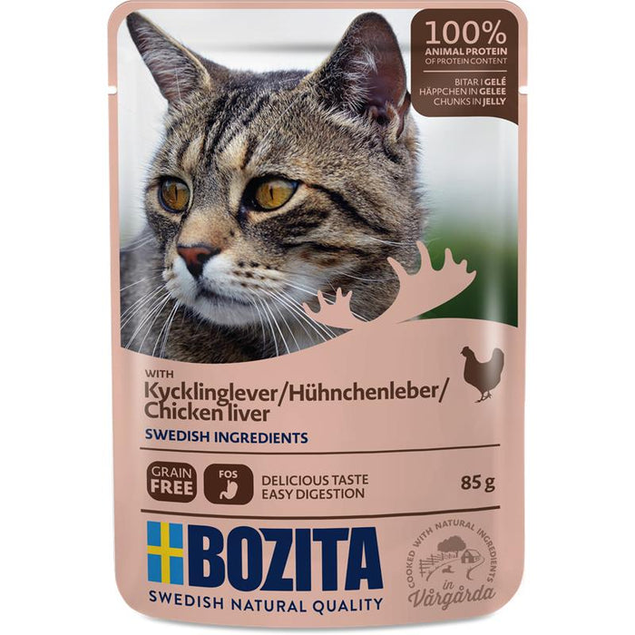 Katzennassfutter Häppchen in Gelee mit Hühnchenleber 85g, 12er Pack – Bozita