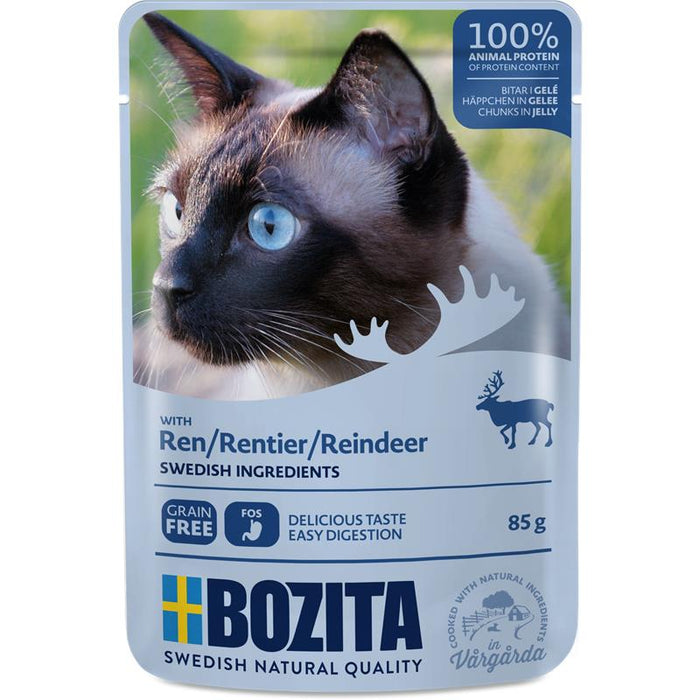 Katzennassfutter Häppchen in Gelee mit Rentier 85g, 12er Pack – Bozita