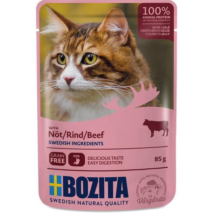 Katzennassfutter Häppchen in Gelee mit Rind 85g, 12er Pack – Bozita