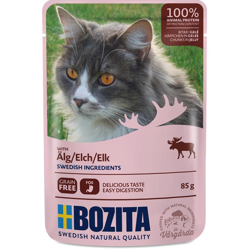 Katzennassfutter Häppchen in Gelee mit Elch 85g, 12er Pack – Bozita
