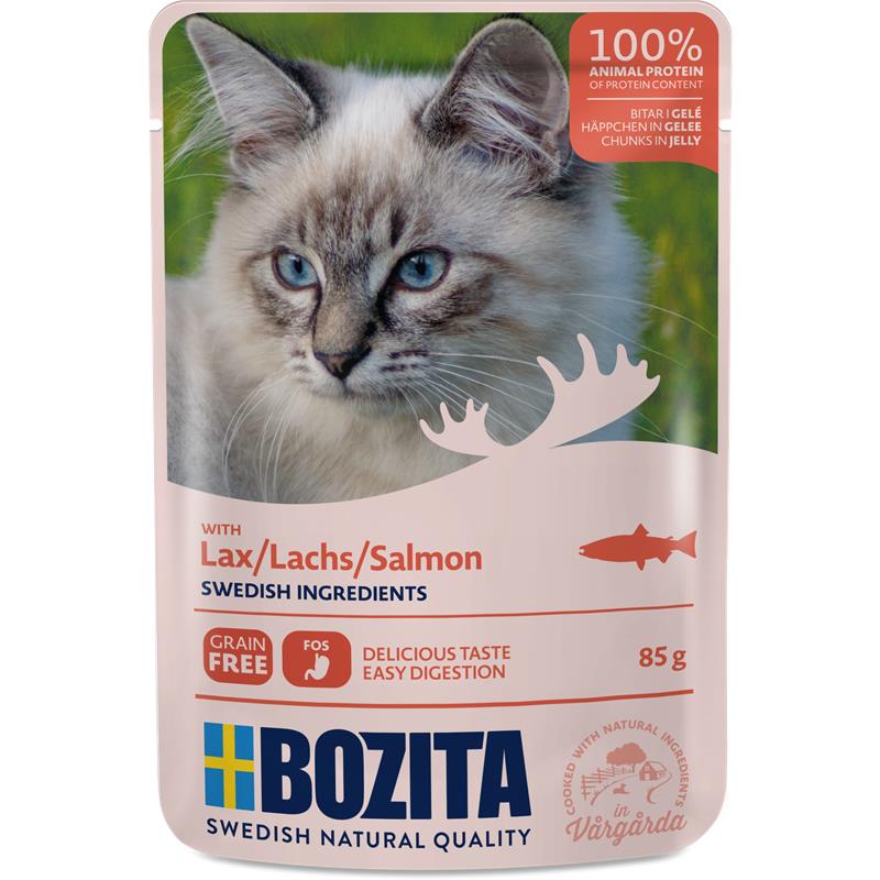 Katzennassfutter Häppchen in Gelee mit Lachs 85g, 12er Pack – Bozita