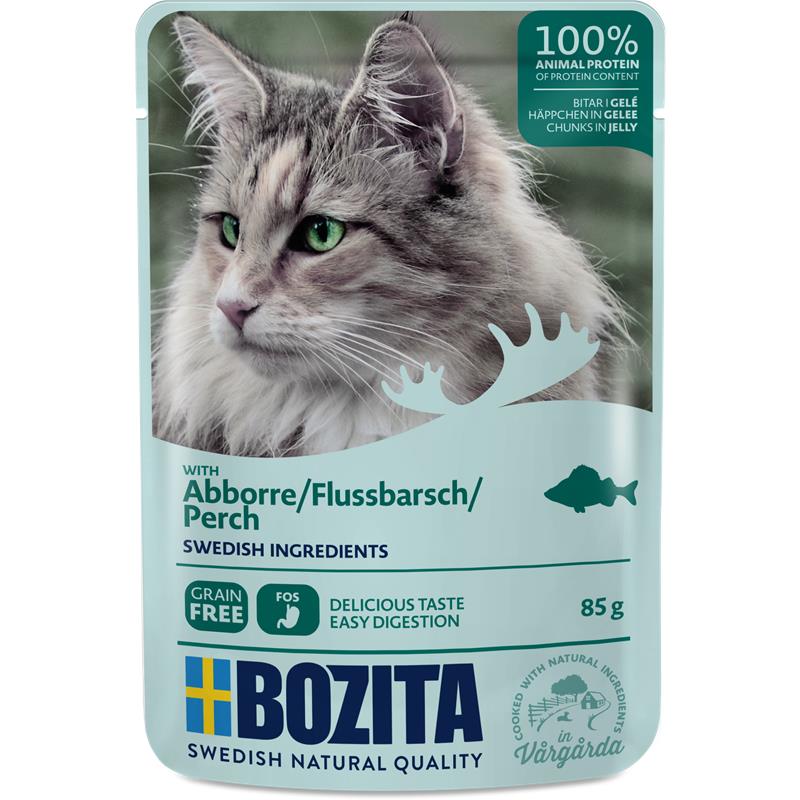 Katzennassfutter Häppchen in Gelee mit Flussbarsch 85g, 12er Pack – Bozita