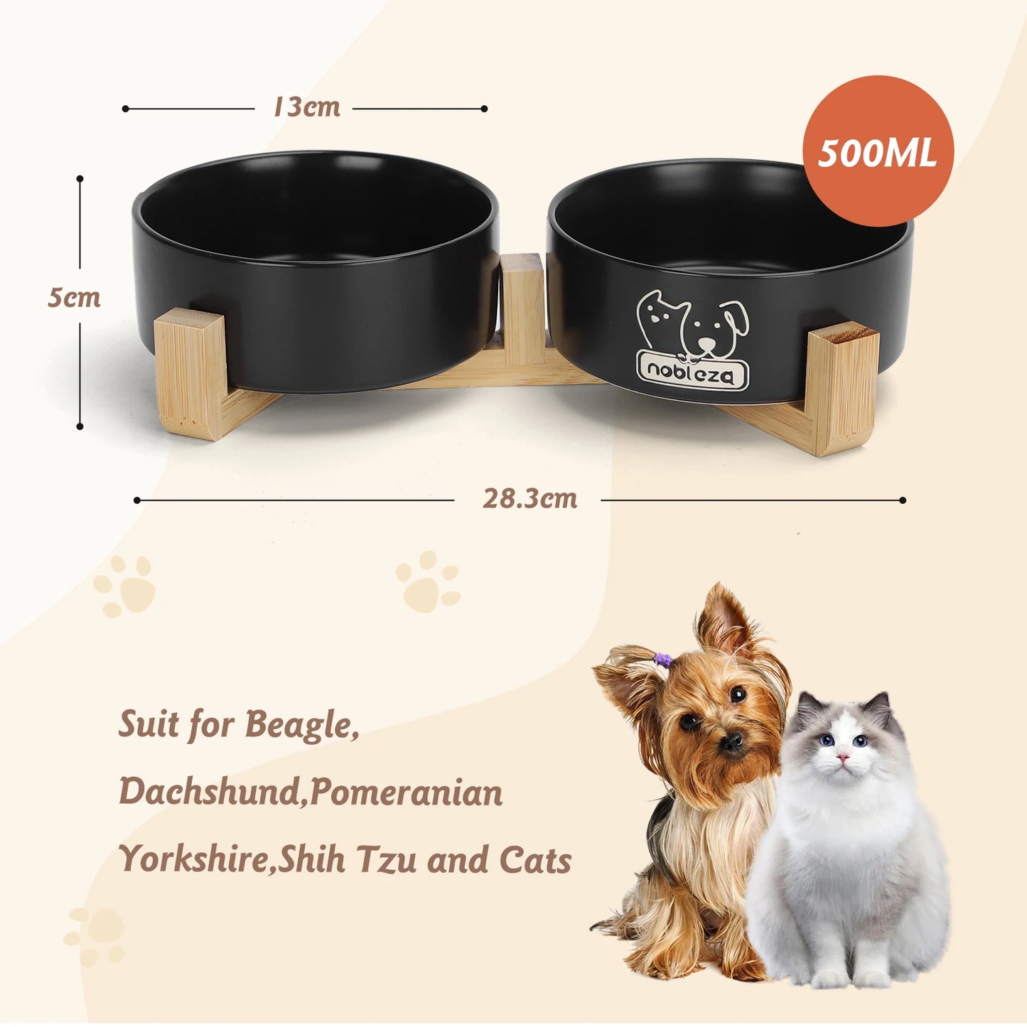 Nobleza Ceramic Dog and Cat Feeder 400ml – 2 Bowls with Non-Slip Bamboo Stand, Food and Water Dish, Ideal for Cats, Small Breeds and Puppies (Black)