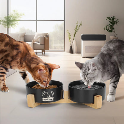 Nobleza Ceramic Dog and Cat Feeder 400ml – 2 Bowls with Non-Slip Bamboo Stand, Food and Water Dish, Ideal for Cats, Small Breeds and Puppies (Black)