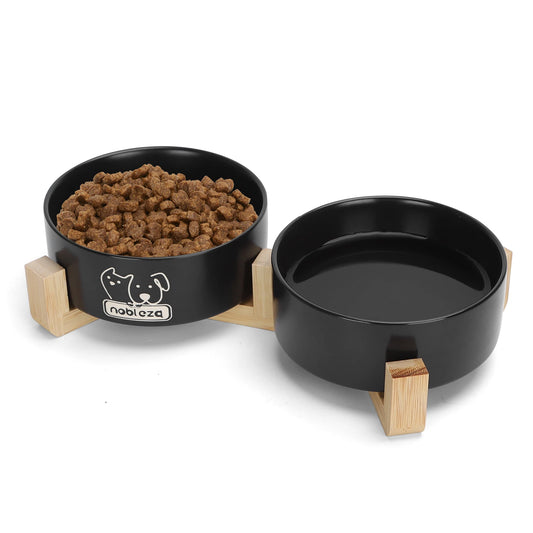 Nobleza Ceramic Dog and Cat Feeder 400ml – 2 Bowls with Non-Slip Bamboo Stand, Food and Water Dish, Ideal for Cats, Small Breeds and Puppies (Black)