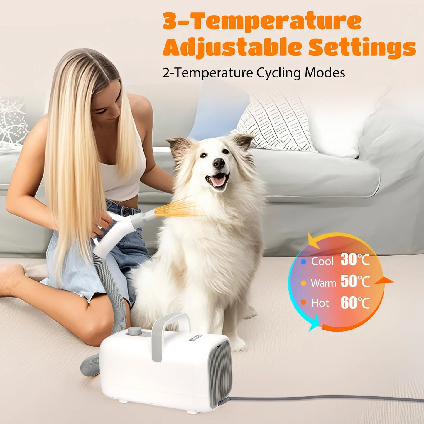 Nobleza Pet Blower Professional Dog Dryer 2000W, Pet Hair Dryer with 4 Nozzles, 3 Speeds and Adjustable Temperature, 2m Extendable Hose, Ideal for Grooming Salons and Homes