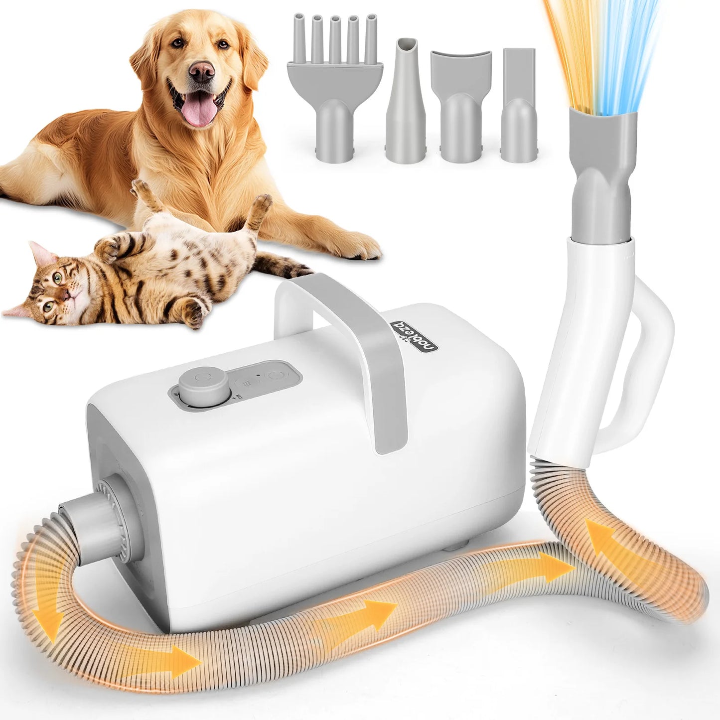 Nobleza Pet Blower Professional Dog Dryer 2000W, Pet Hair Dryer with 4 Nozzles, 3 Speeds and Adjustable Temperature, 2m Extendable Hose, Ideal for Grooming Salons and Homes