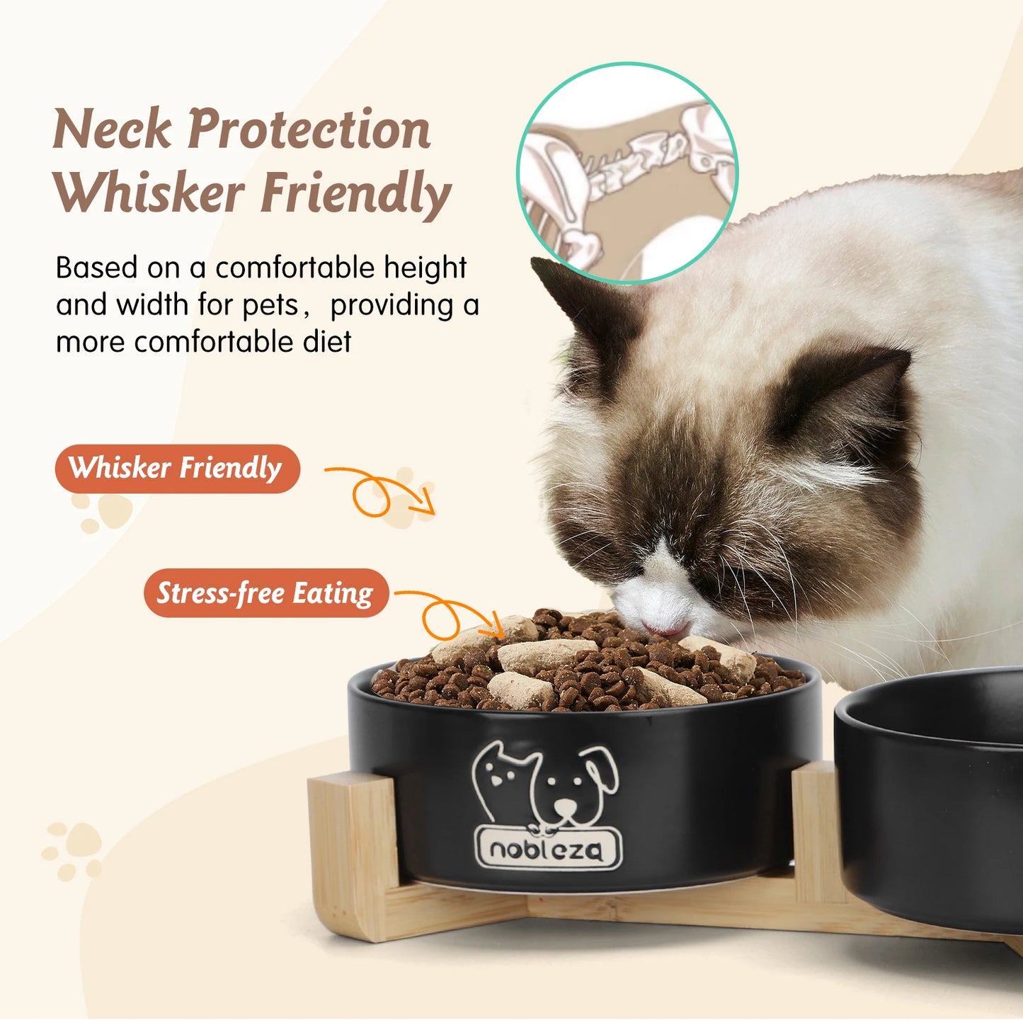 Nobleza Ceramic Dog and Cat Feeder 400ml – 2 Bowls with Non-Slip Bamboo Stand, Food and Water Dish, Ideal for Cats, Small Breeds and Puppies (Black)