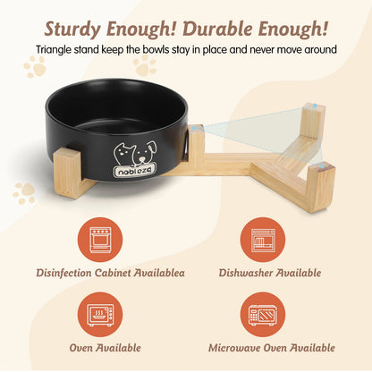 Nobleza Ceramic Dog and Cat Feeder 400ml – 2 Bowls with Non-Slip Bamboo Stand, Food and Water Dish, Ideal for Cats, Small Breeds and Puppies (Black)