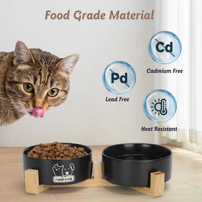 Nobleza Ceramic Dog and Cat Feeder 400ml – 2 Bowls with Non-Slip Bamboo Stand, Food and Water Dish, Ideal for Cats, Small Breeds and Puppies (Black)