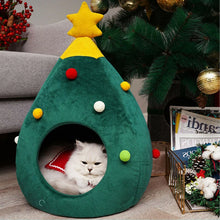 Christmas Dog & Cat Bed - Winter Warm Soft Pet Cave Tent with Christmas Tree Design & Cozy Mat