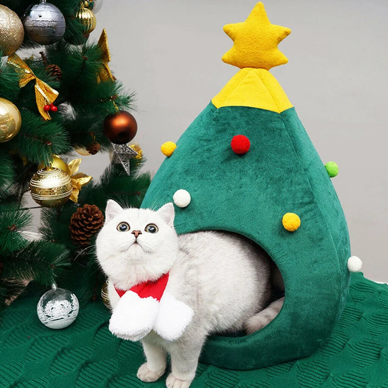 Christmas Dog & Cat Bed - Winter Warm Soft Pet Cave Tent with Christmas Tree Design & Cozy Mat