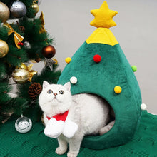 Christmas Dog & Cat Bed - Winter Warm Soft Pet Cave Tent with Christmas Tree Design & Cozy Mat