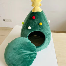 Christmas Dog & Cat Bed - Winter Warm Soft Pet Cave Tent with Christmas Tree Design & Cozy Mat