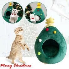 Christmas Dog & Cat Bed - Winter Warm Soft Pet Cave Tent with Christmas Tree Design & Cozy Mat