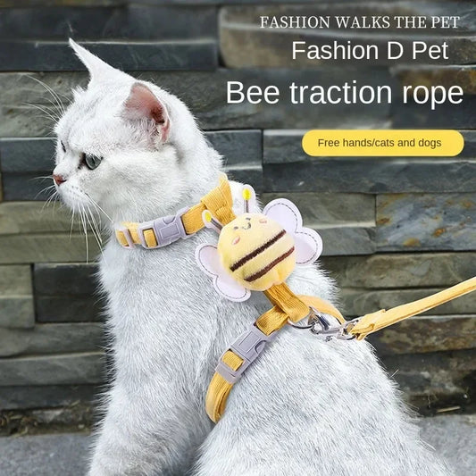 Cartoon Bee Cat Harness Set - Adjustable Double Layer Collar & Leash - Small Medium Pets