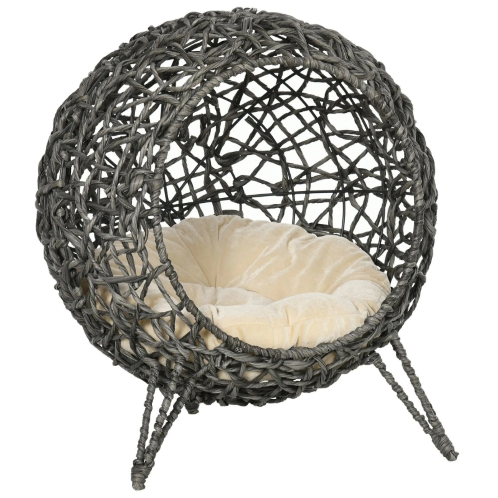 Rattan Cat Bed – Elevated Ball-Shaped Cat House with Removable Cushion for Indoor Cats
