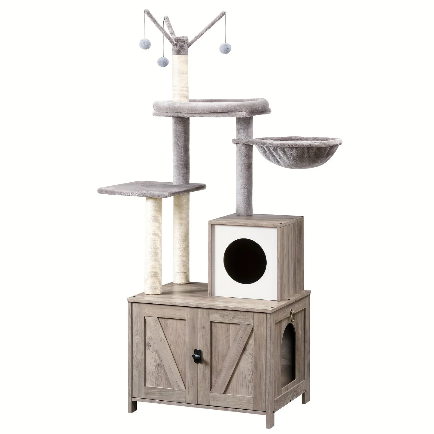 Cat Tree with Litter Box Enclosure, Hidden Pet Washroom Furniture with Sisal Scratching Post, Hammocks, Condo, Multi-Level Platform, Soft Plush Perch, Gray