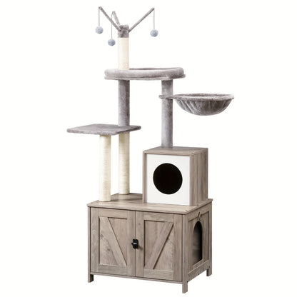 Cat Tree with Litter Box Enclosure, Hidden Pet Washroom Furniture with Sisal Scratching Post, Hammocks, Condo, Multi-Level Platform, Soft Plush Perch, Gray