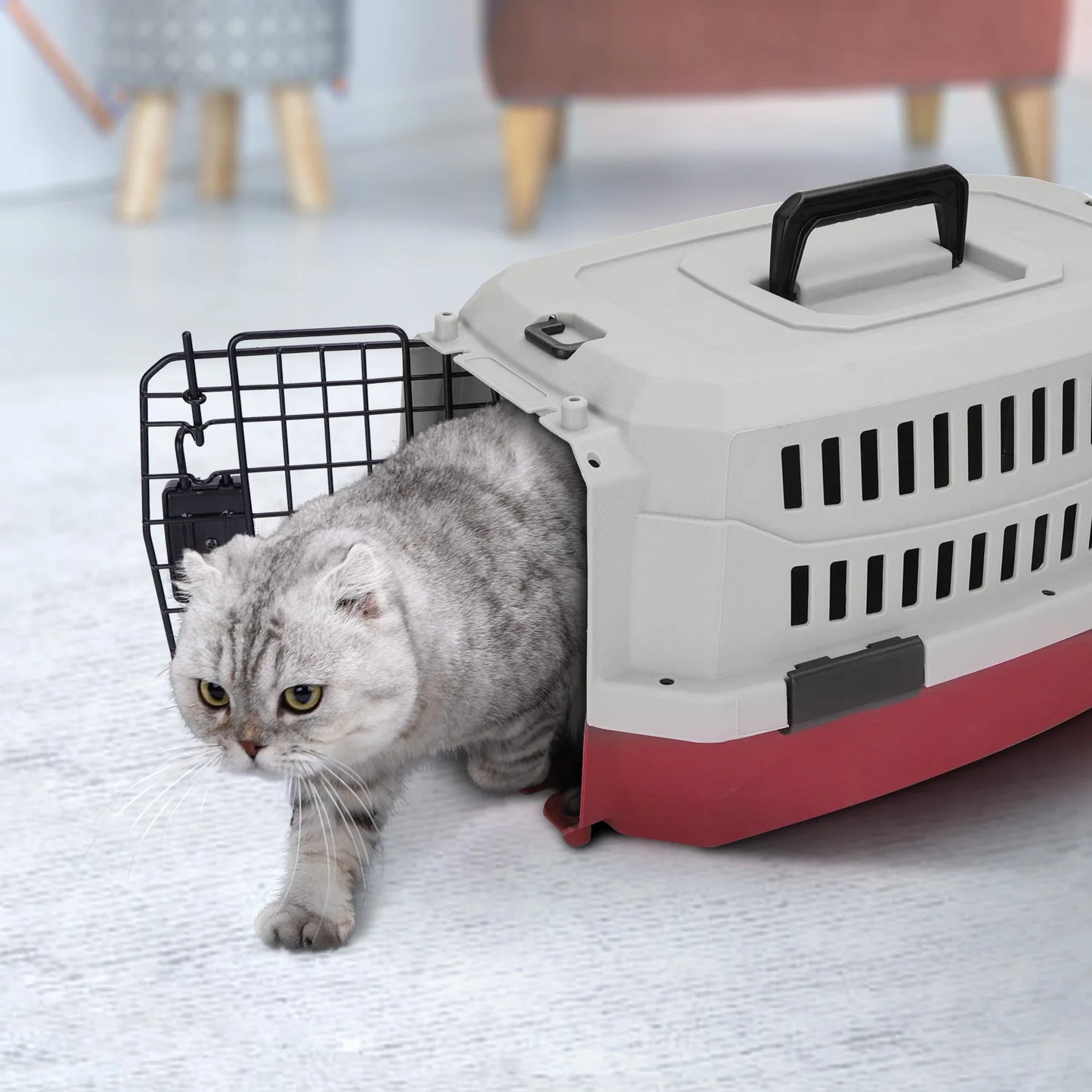 Nobleza Large Cat Dog Carrier, Portable and Breathable Dog Carrier for Cats, Pet Dogs Cats Accessories, Plastic Carrier, 68X48X42 Cm, Red & Gray