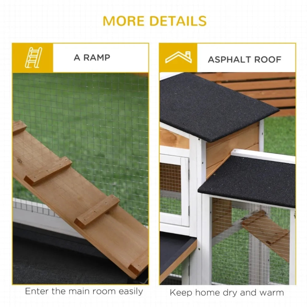 Rabbit Hutch Guinea Pig Hutch Wooden House with Run,2 Tier Pet Cage Outdoor with No-leak Plastic Trays,Yellow